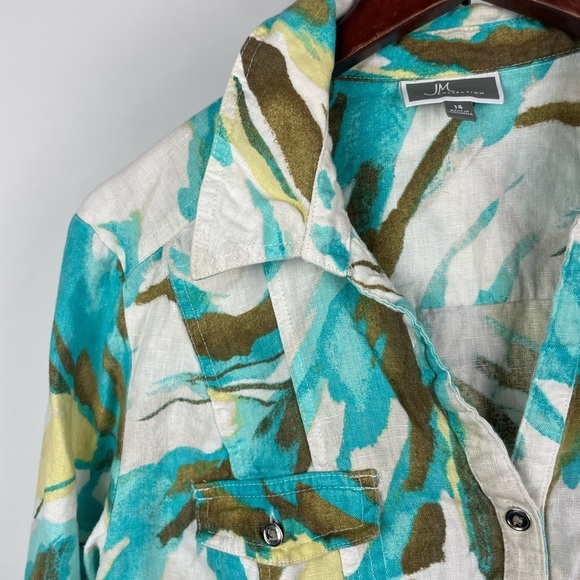 JM Collection Multicolor Watercolor 100% Linen Roll Tab 3/4 Sleeve Button Up Top - Picture 4 of 7